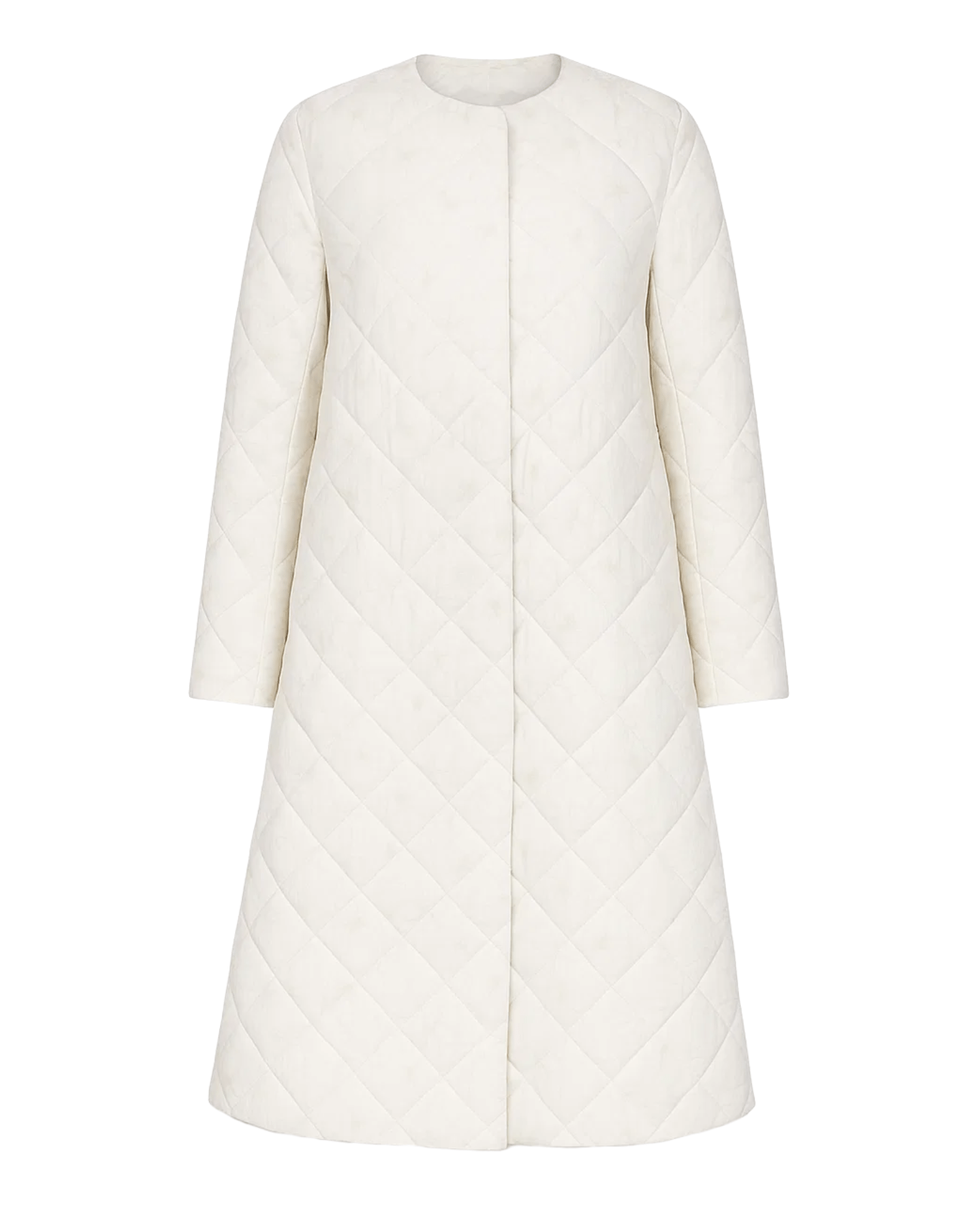 Tailory ivory quilted puffer coat Loro Piana silk lotus print front view