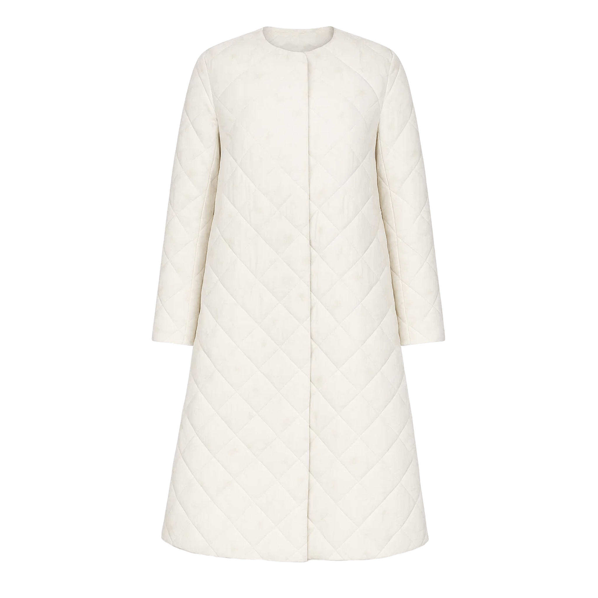 Tailory ivory quilted puffer coat Loro Piana silk lotus print front view