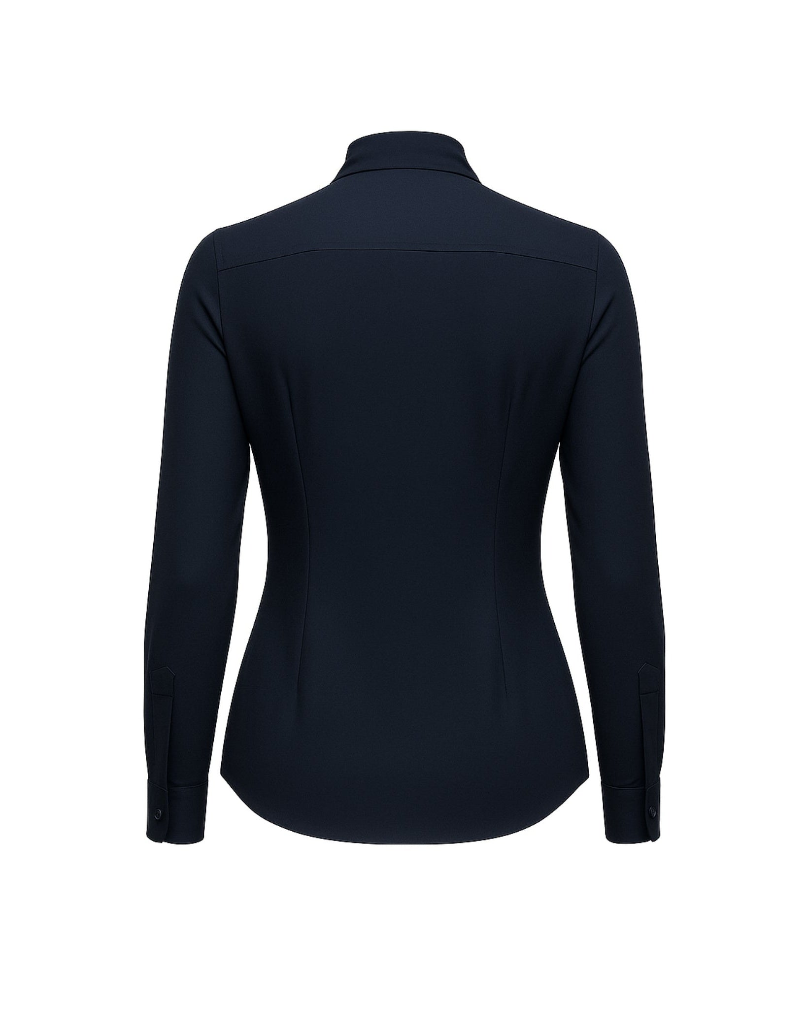 Tailory navy vegan pussy bow blouse back view