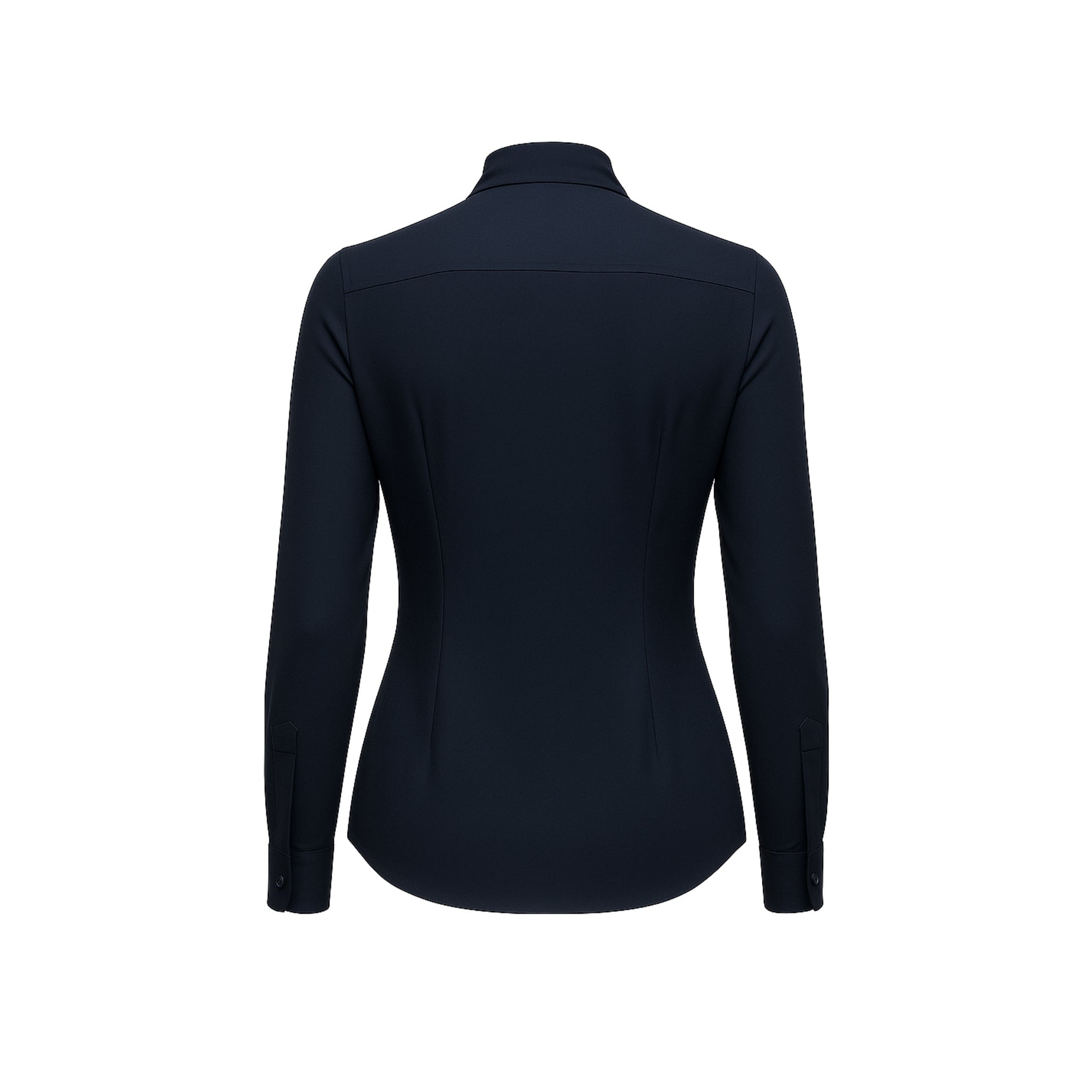 Tailory navy vegan pussy bow blouse back view