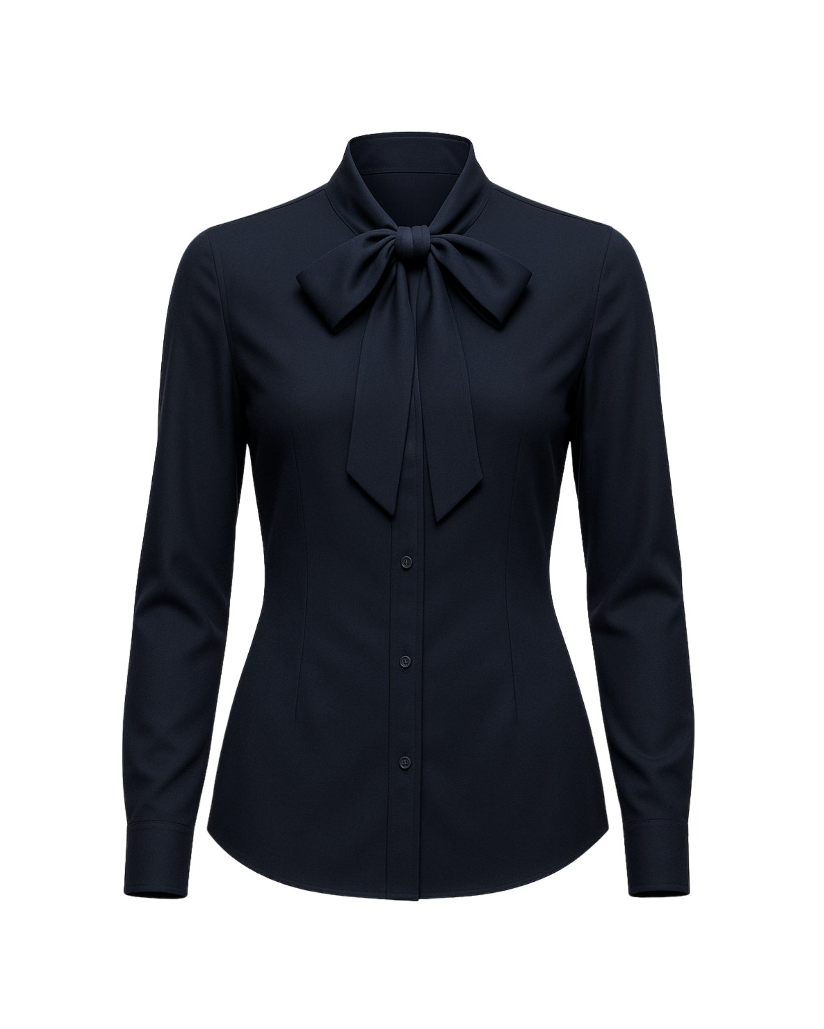 Tailory navy vegan pussy bow blouse front view