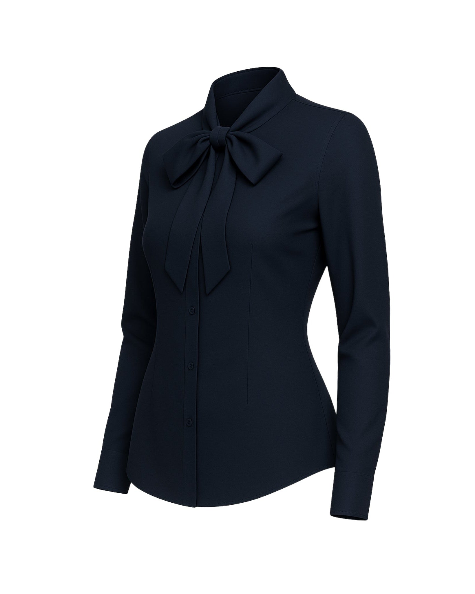Tailory navy vegan pussy bow blouse side view