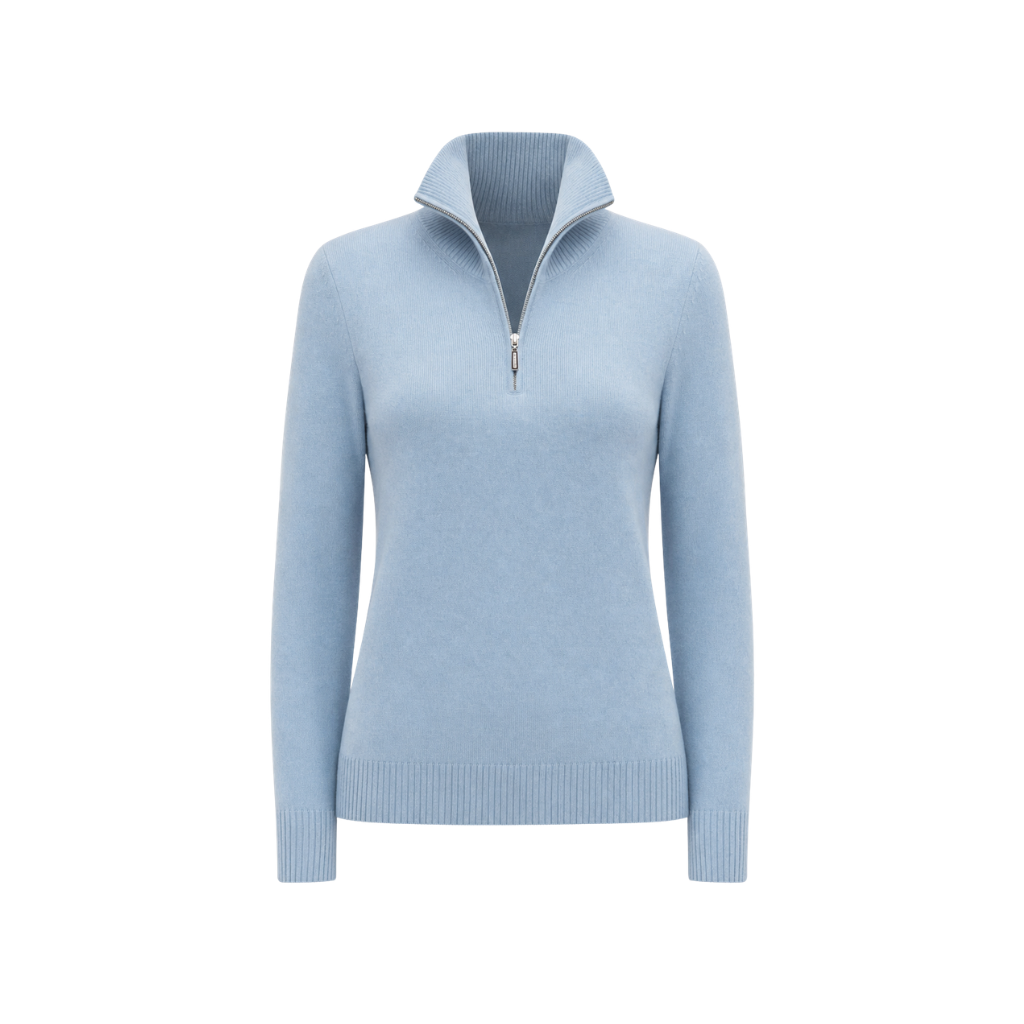 The Tailory New York baby blue Loro Piana baby cashmere quarter zip front view
