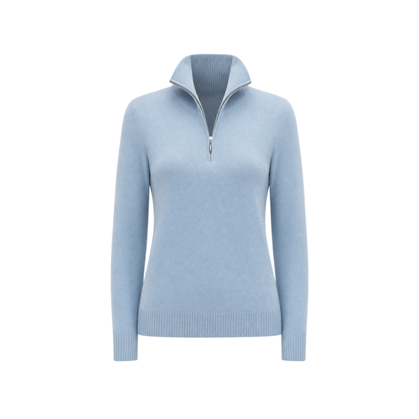 The Tailory New York baby blue Loro Piana baby cashmere quarter zip front view