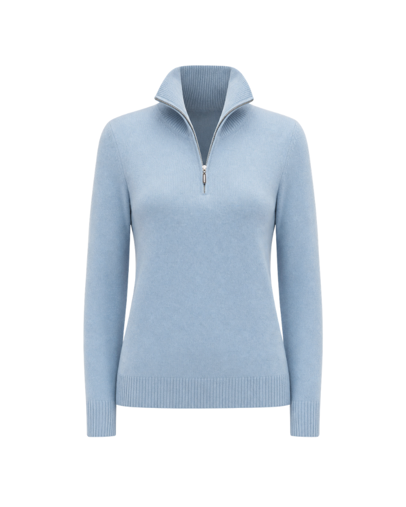 The Tailory New York baby blue Loro Piana baby cashmere quarter zip front view