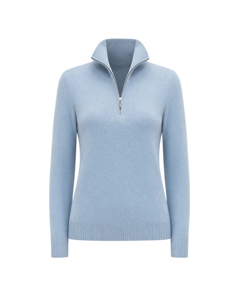 The Tailory New York baby blue Loro Piana baby cashmere quarter zip front view