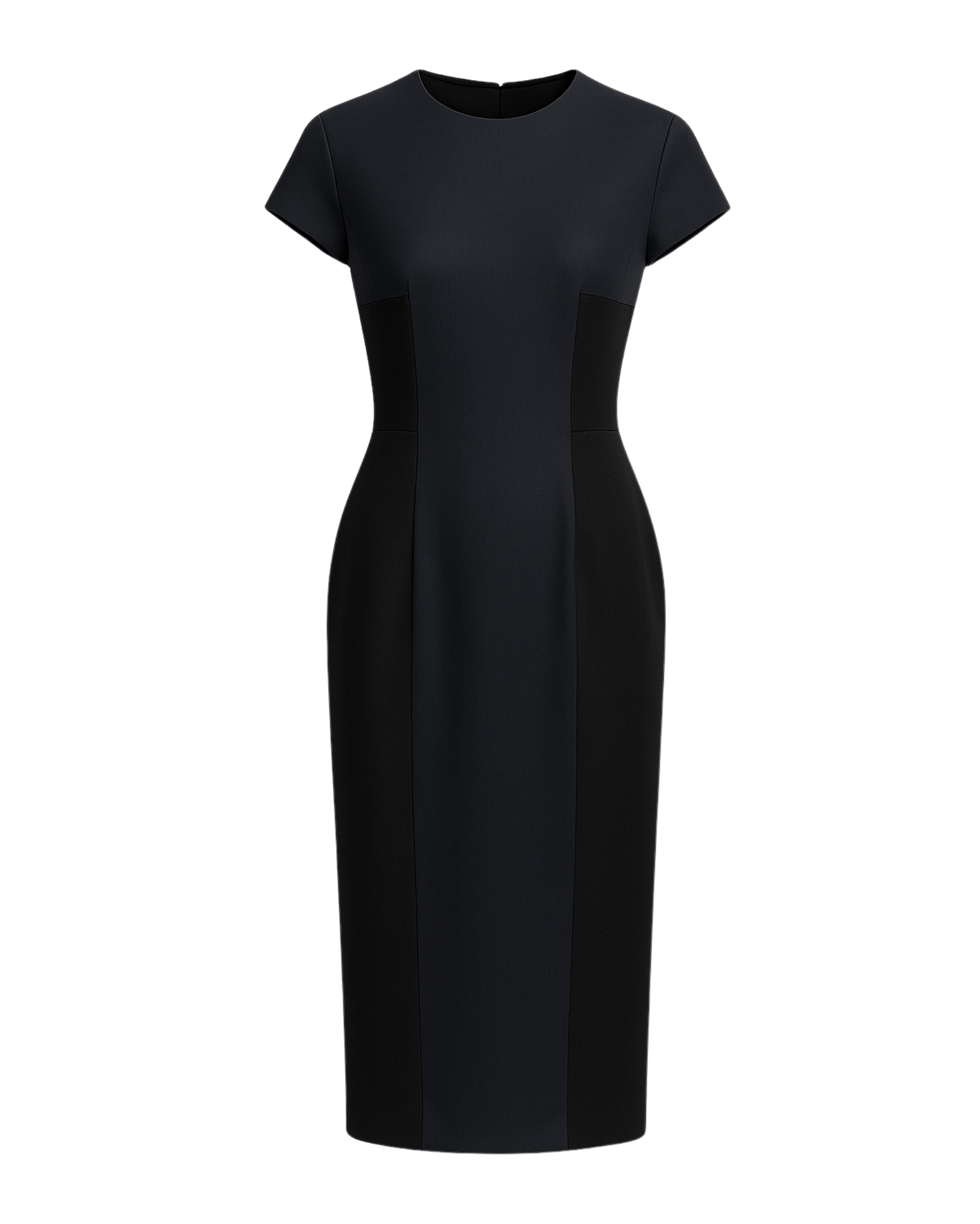 Tailory navy and black knee-length sheath dress front view with structured seaming