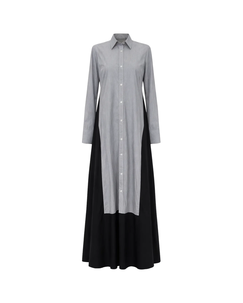 Tailory_ShirtDress_GreyBlack_Paneled_Pinstripe_FrontView