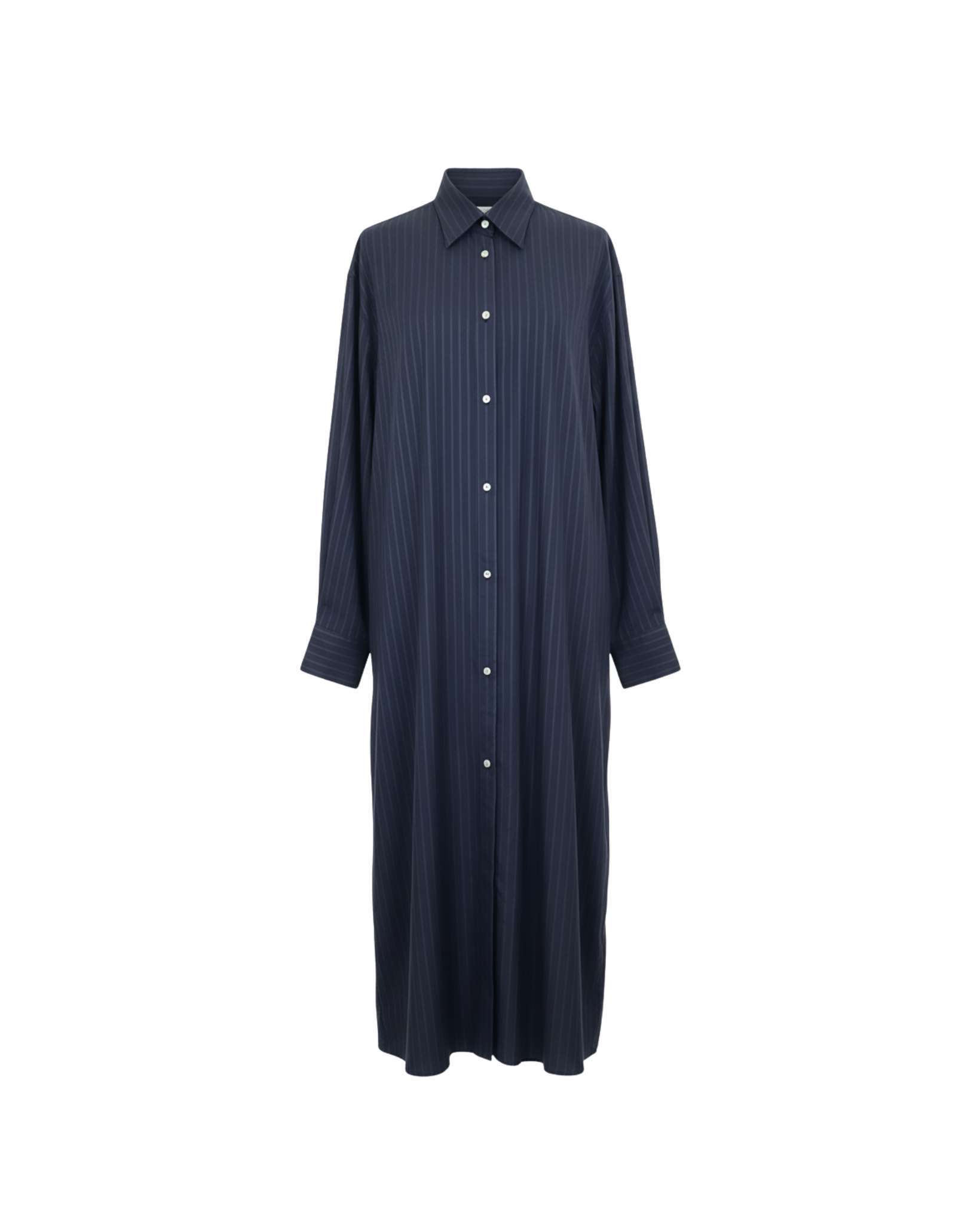 Front view of Tailory navy pinstripe maxi shirt-dress with collared neckline