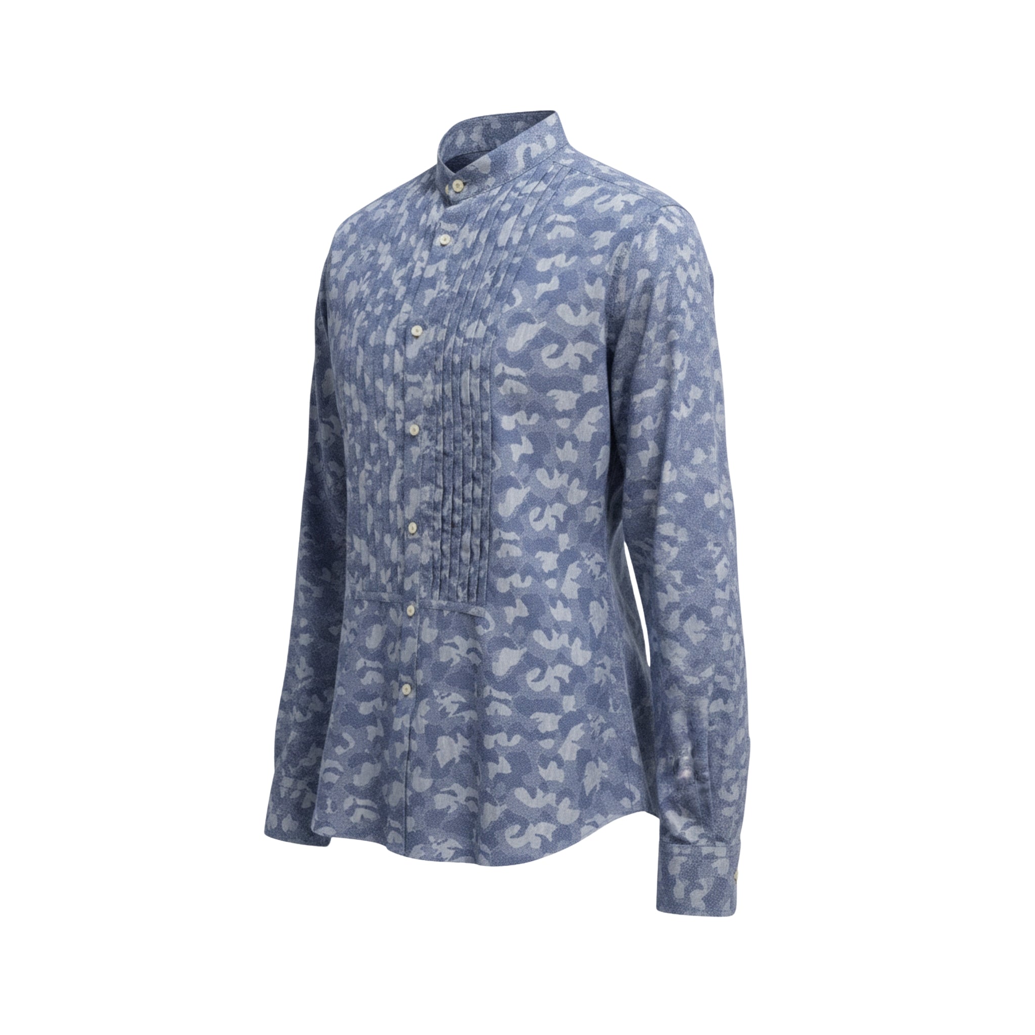 Tailory blue camo tuxedo pleated shirt with mandarin collar front view