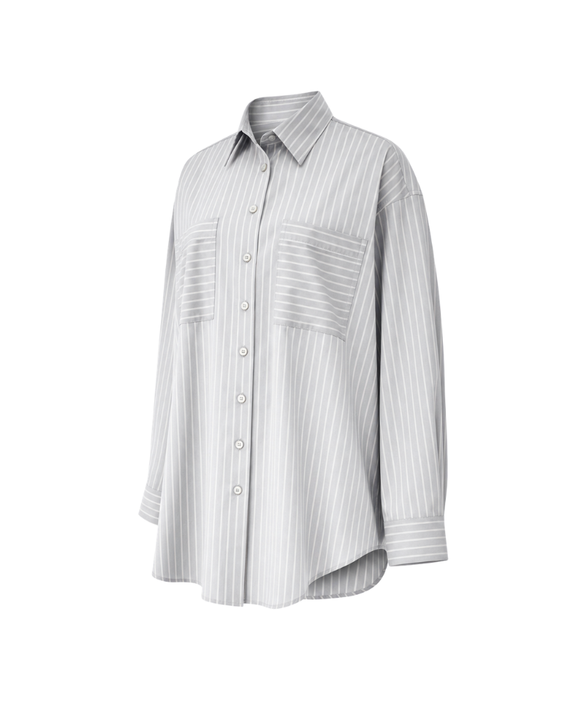 The Tailory New York grey striped Loro Piana cotton oversized shirt three quarter view