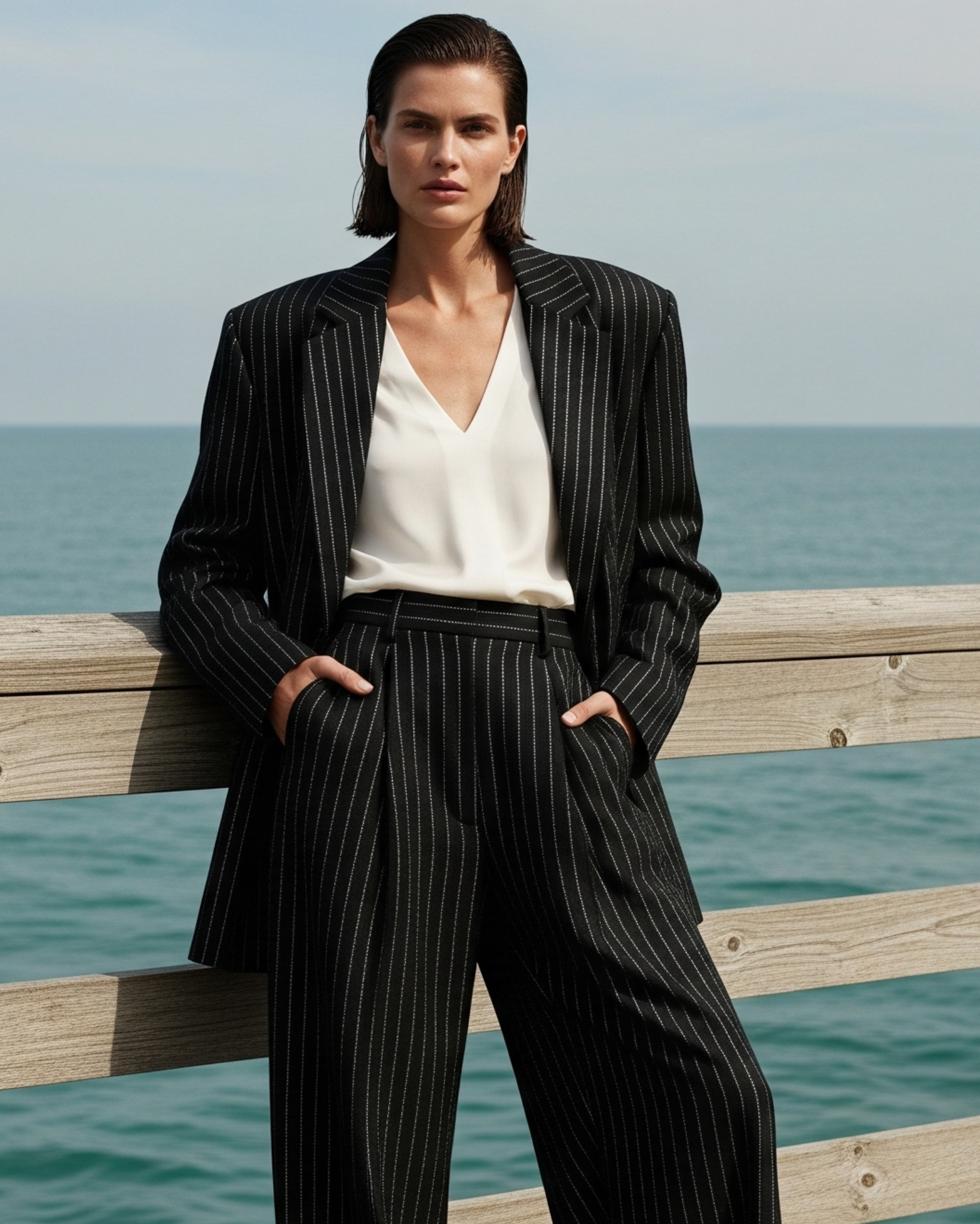 Tailory white silk V-neck blouse styled on model