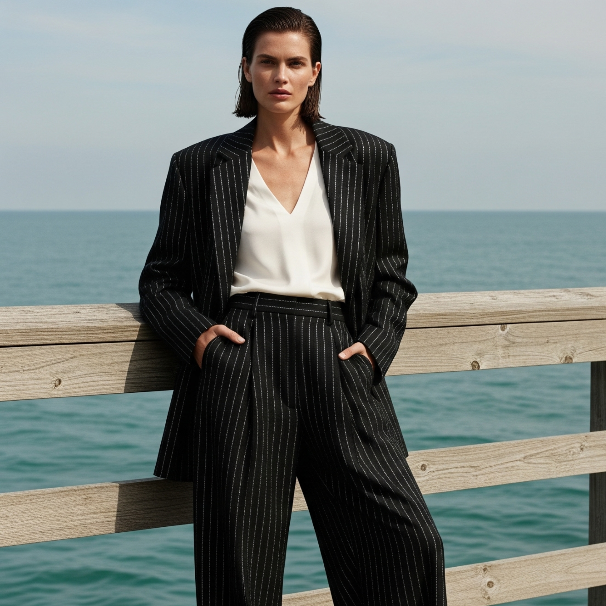 Tailory white silk V-neck blouse styled on model