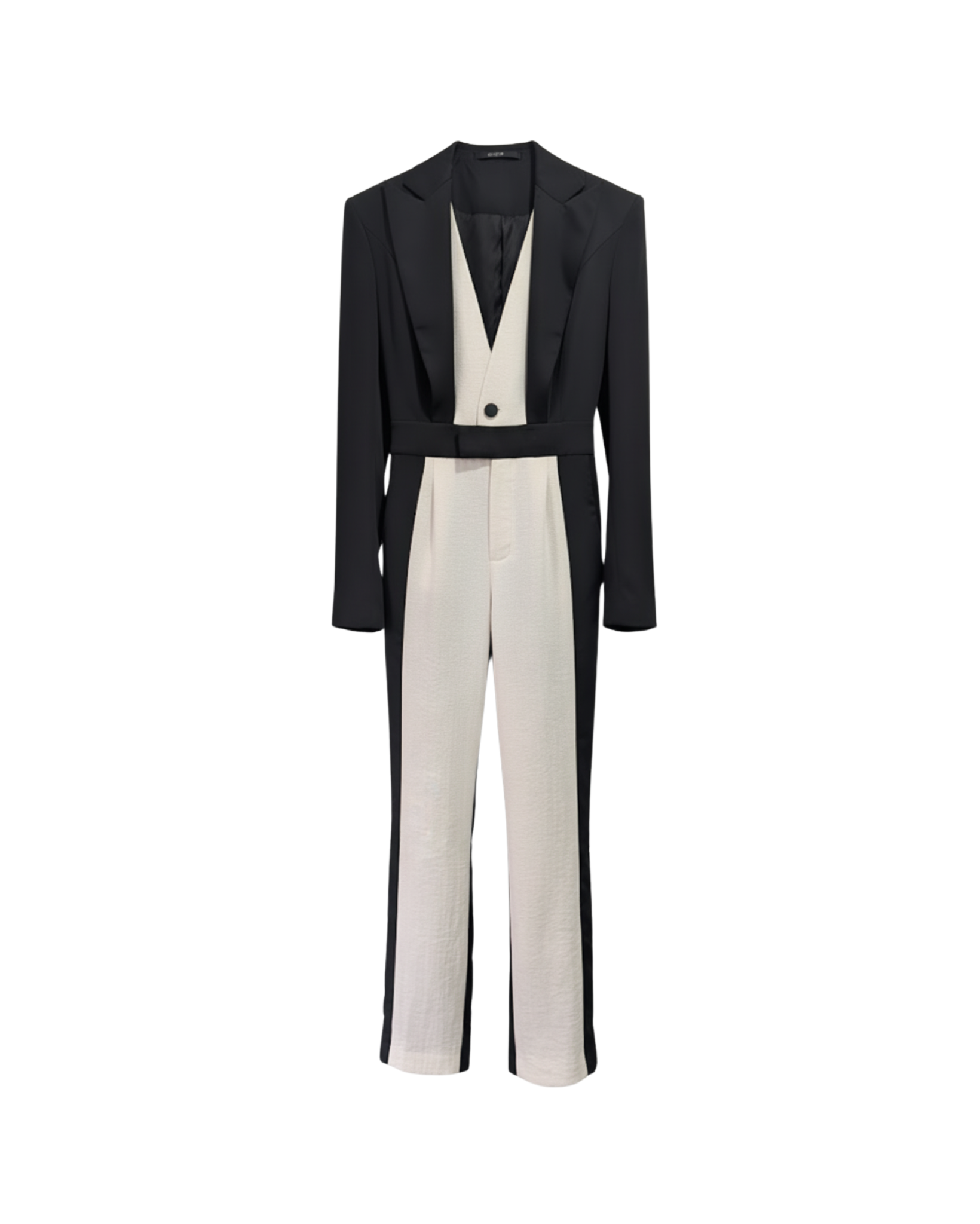 Tailory black/white stripe jumpsuit with contrast front panel front view