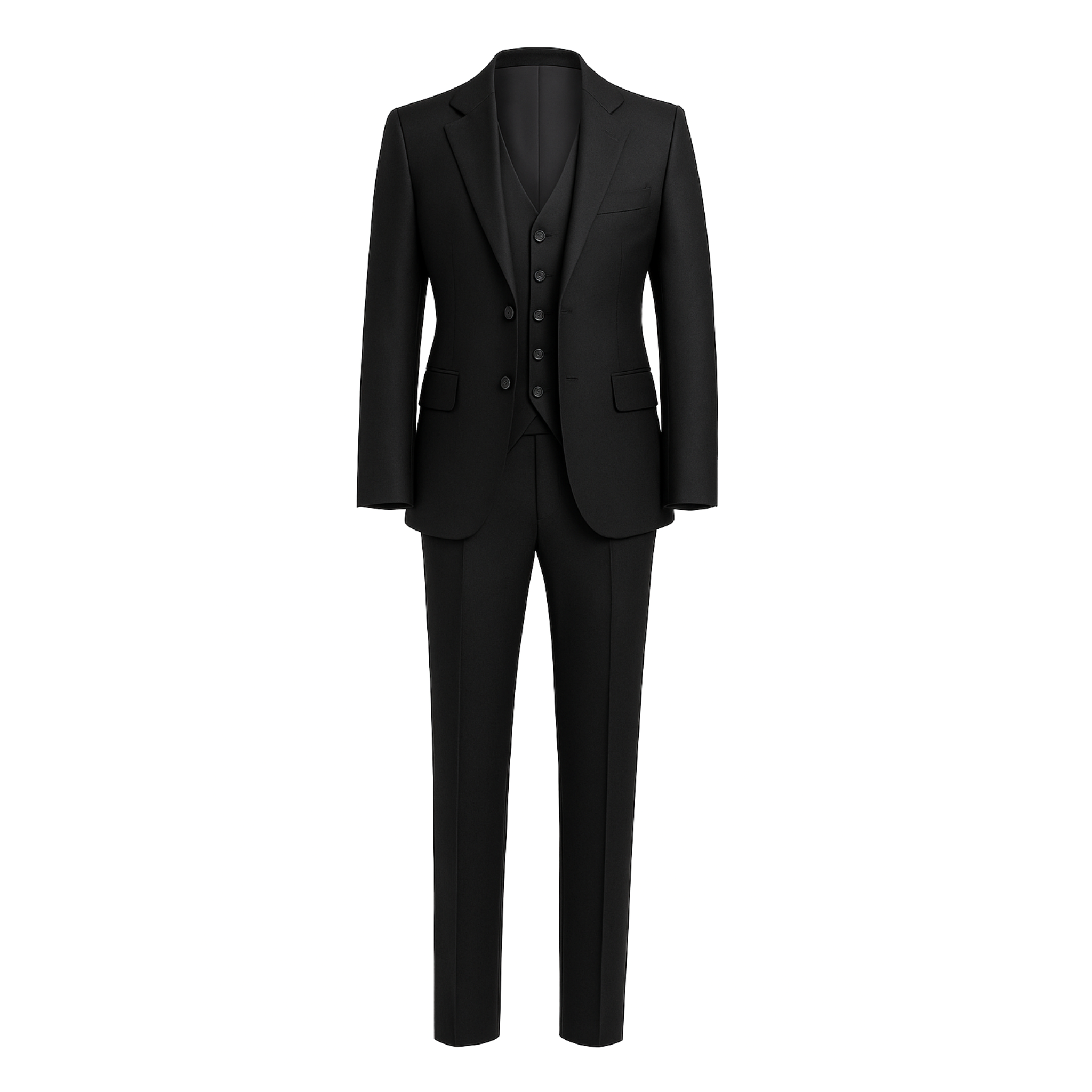Tailory black Loro Piana wool three-piece suit front view
