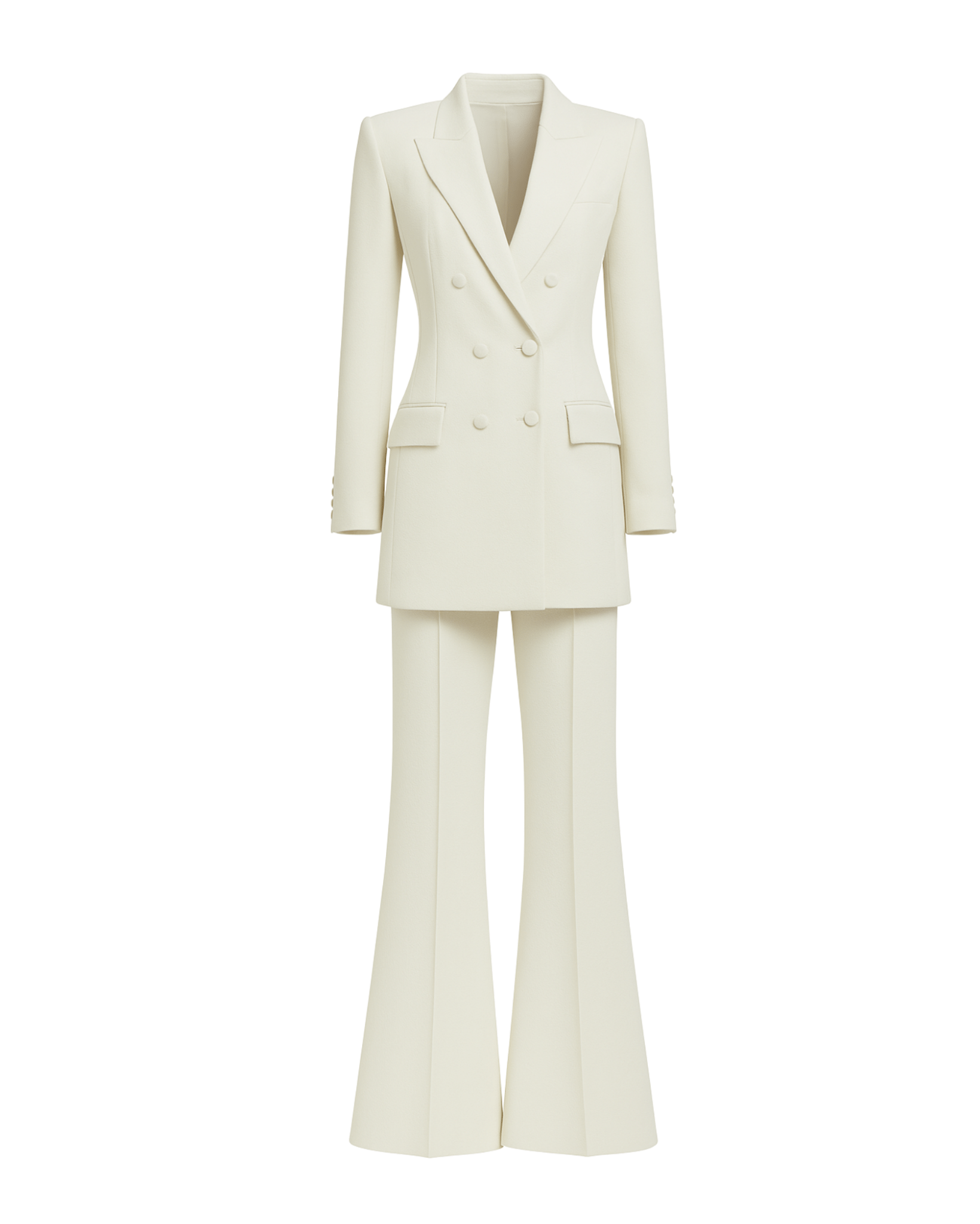 Tailory ivory Loro Piana peak lapel double-breasted suit set front view