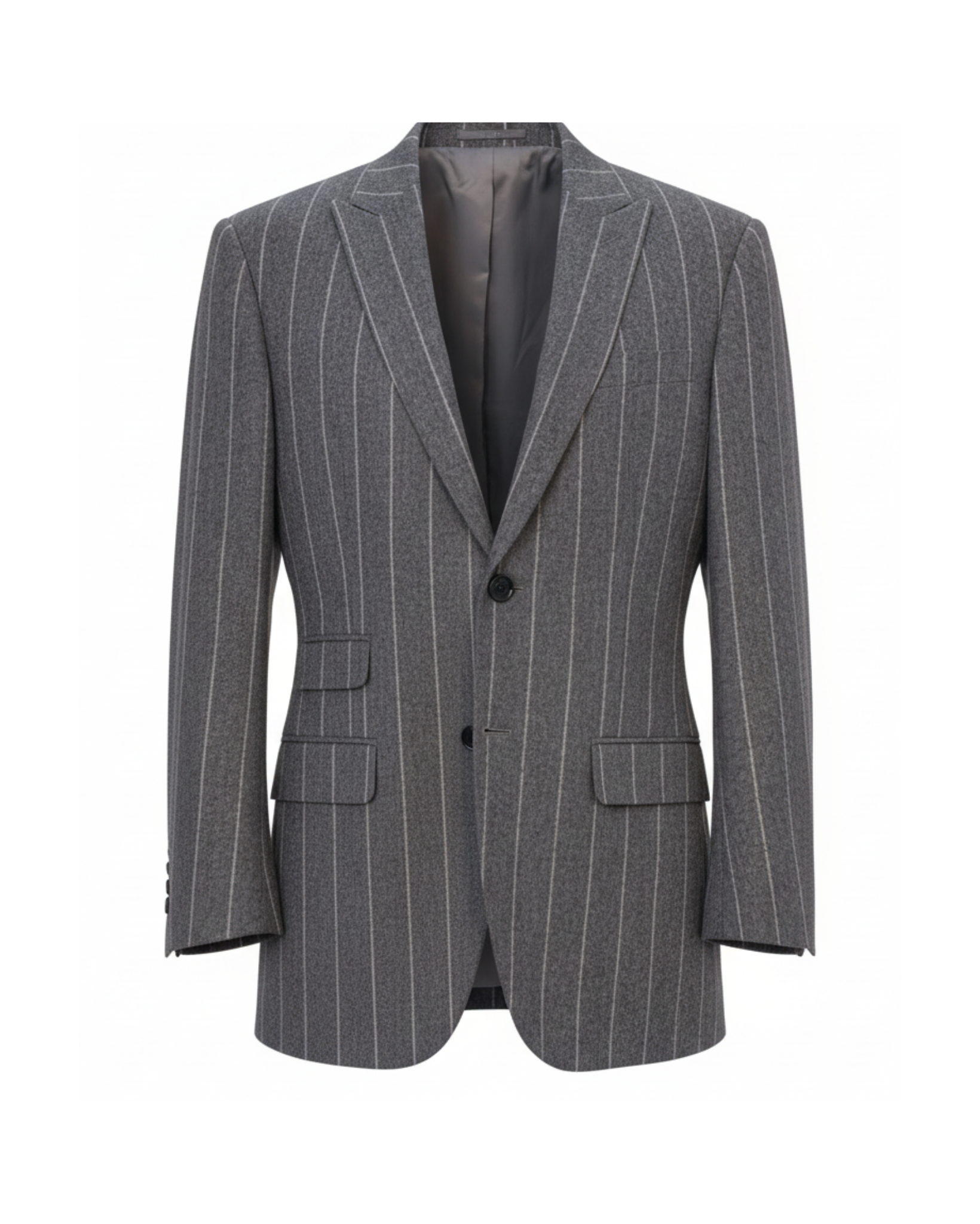 Tailory charcoal white pinstripe cropped tailored blazer with notch lapels front view