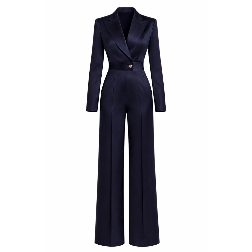 Tailory navy silk satin tailored jumpsuit with peak lapels front view