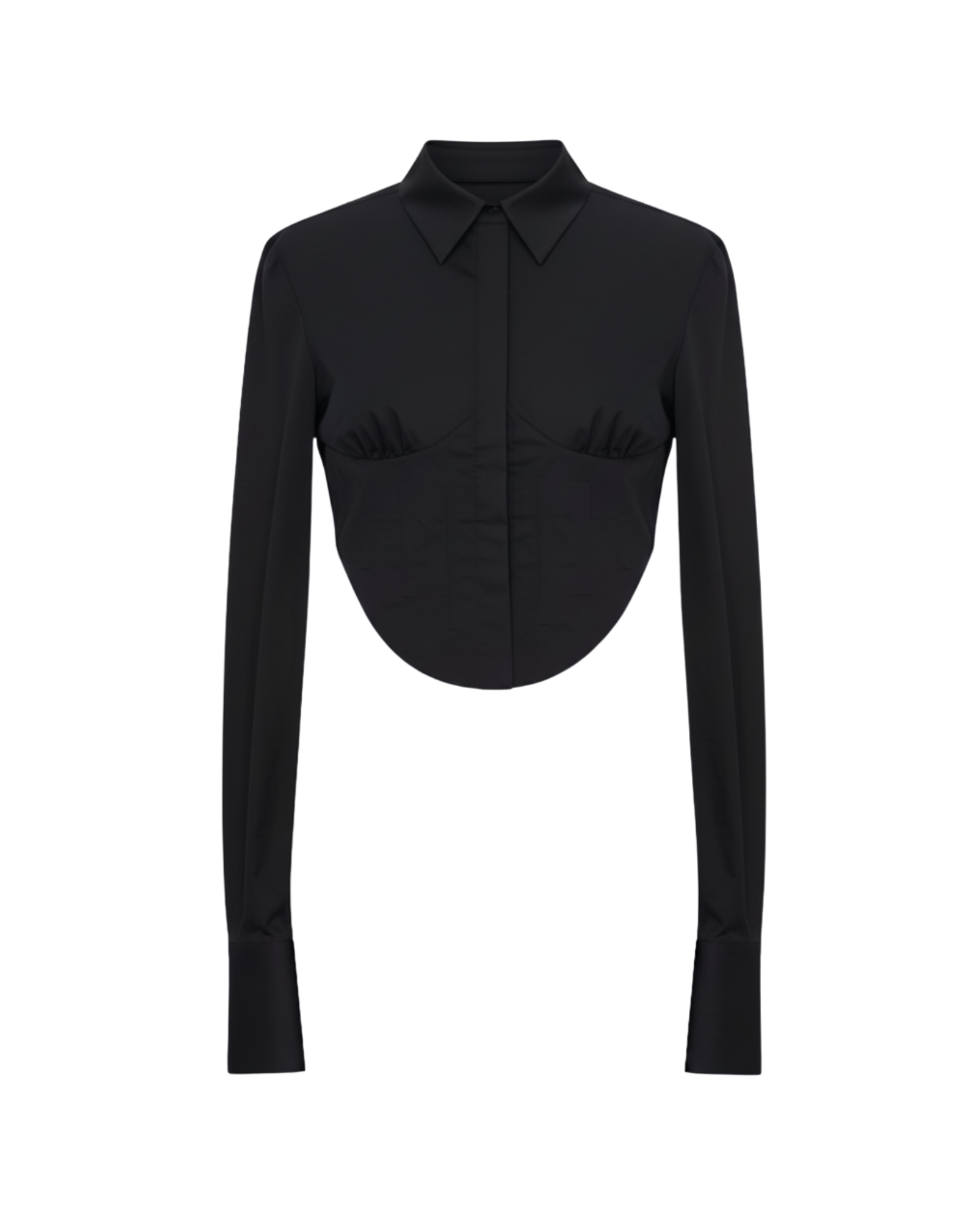 Tailory black cropped tailored shirt with curved hem and concealed placket front view