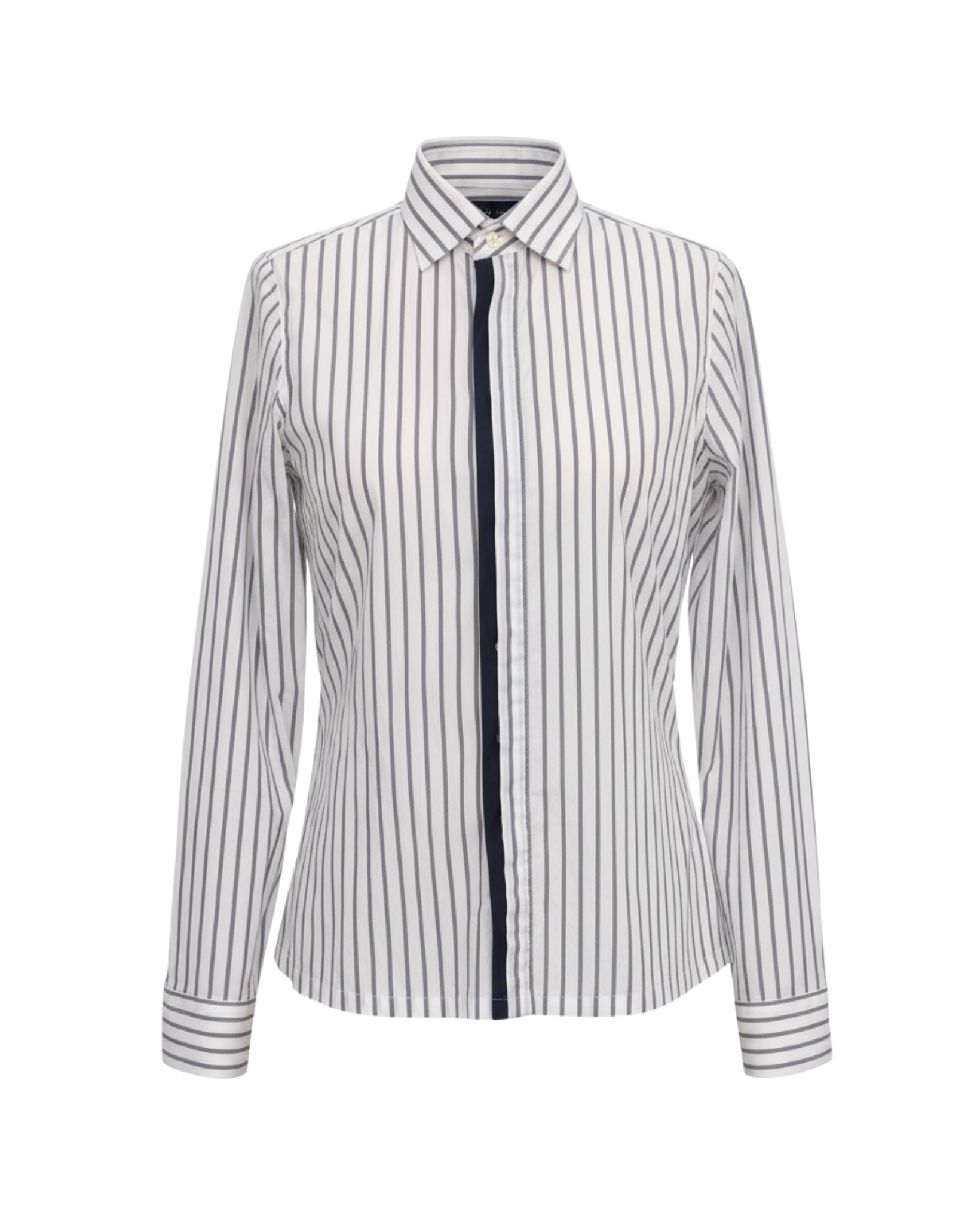 Tailory white and grey vertical-stripe tailored shirt with navy contrast placket front view