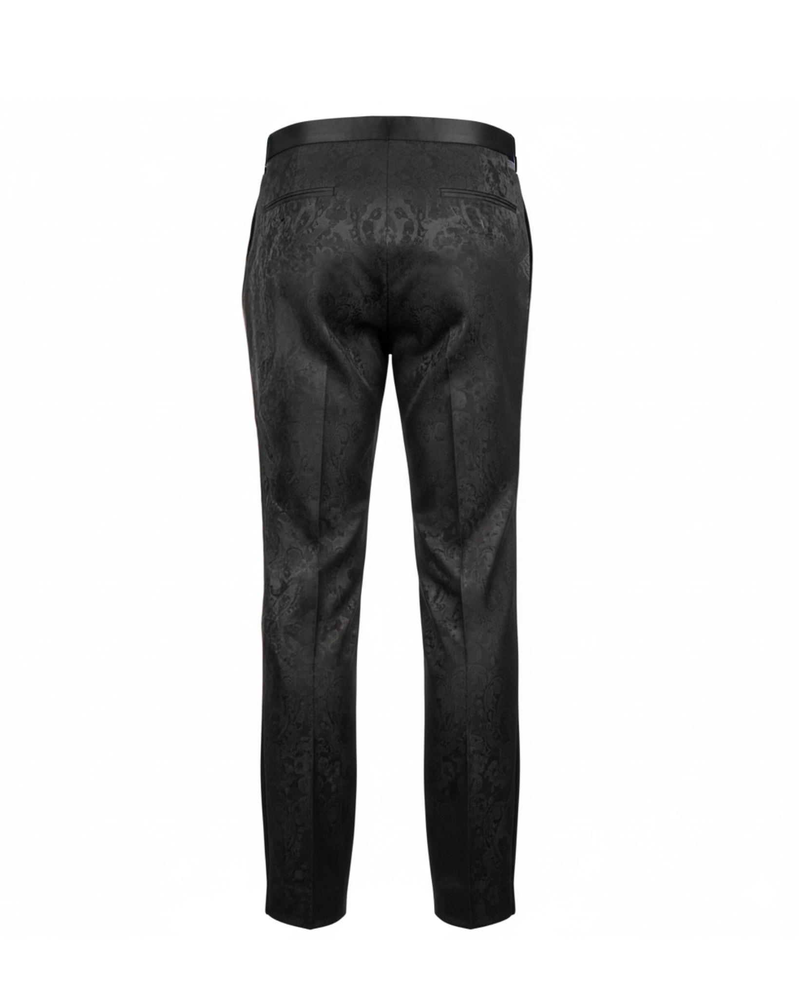 Tailory black brocade tailored trouser back view with clean waistband finish