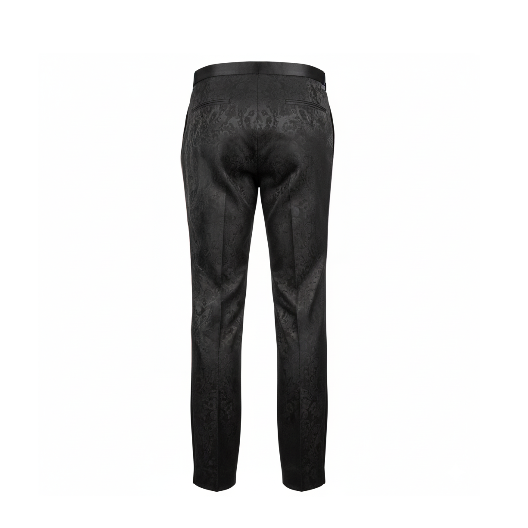 Tailory black brocade tailored trouser back view with clean waistband finish