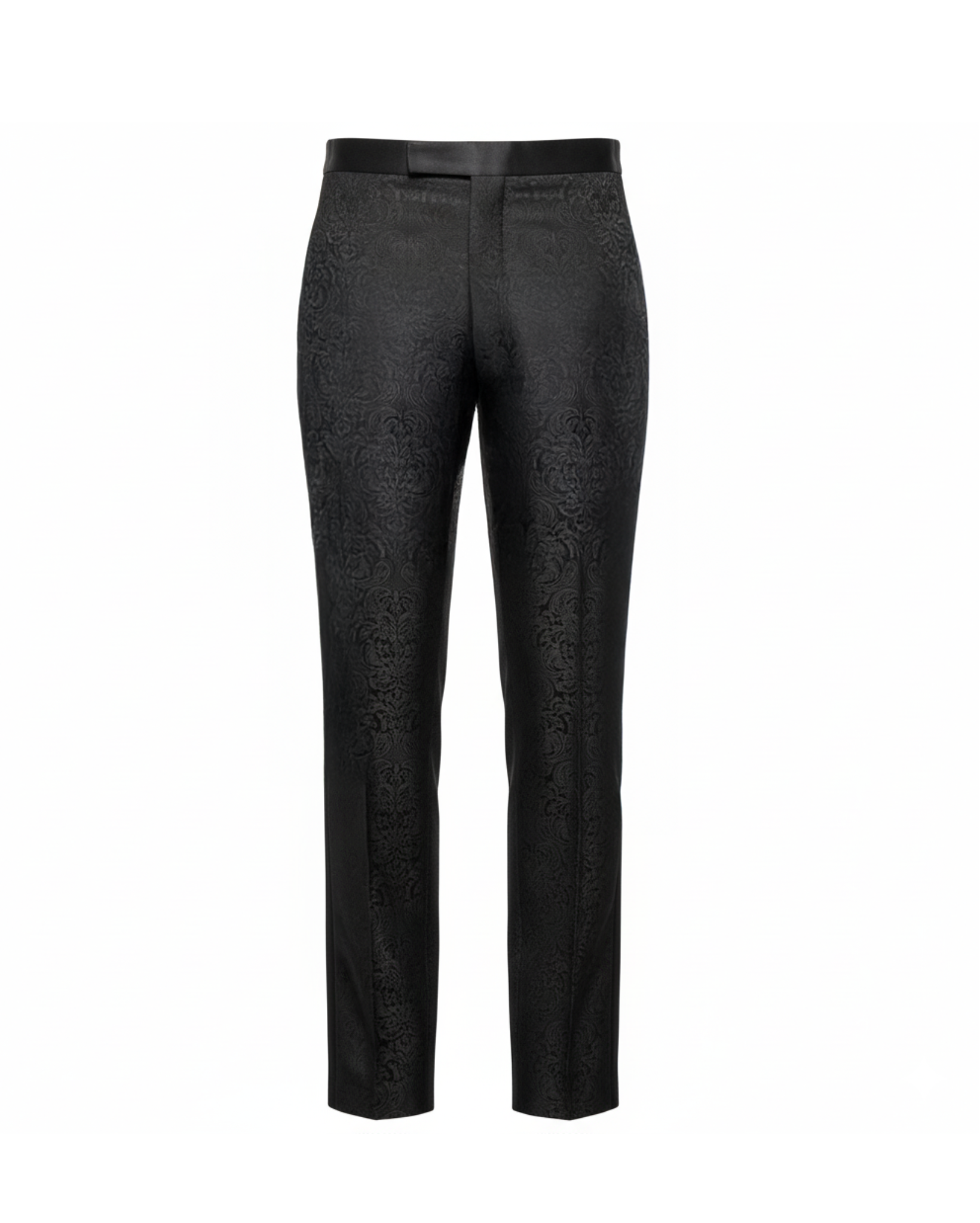 Tailory black tonal brocade tailored trouser with mid-rise satin waistband front view