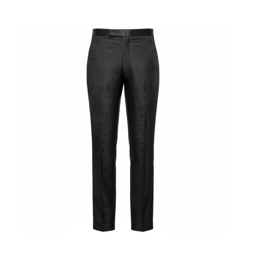 Tailory black tonal brocade tailored trouser with mid-rise satin waistband front view