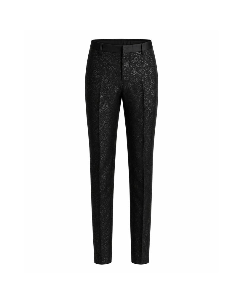 Tailory black floral jacquard trousers front view