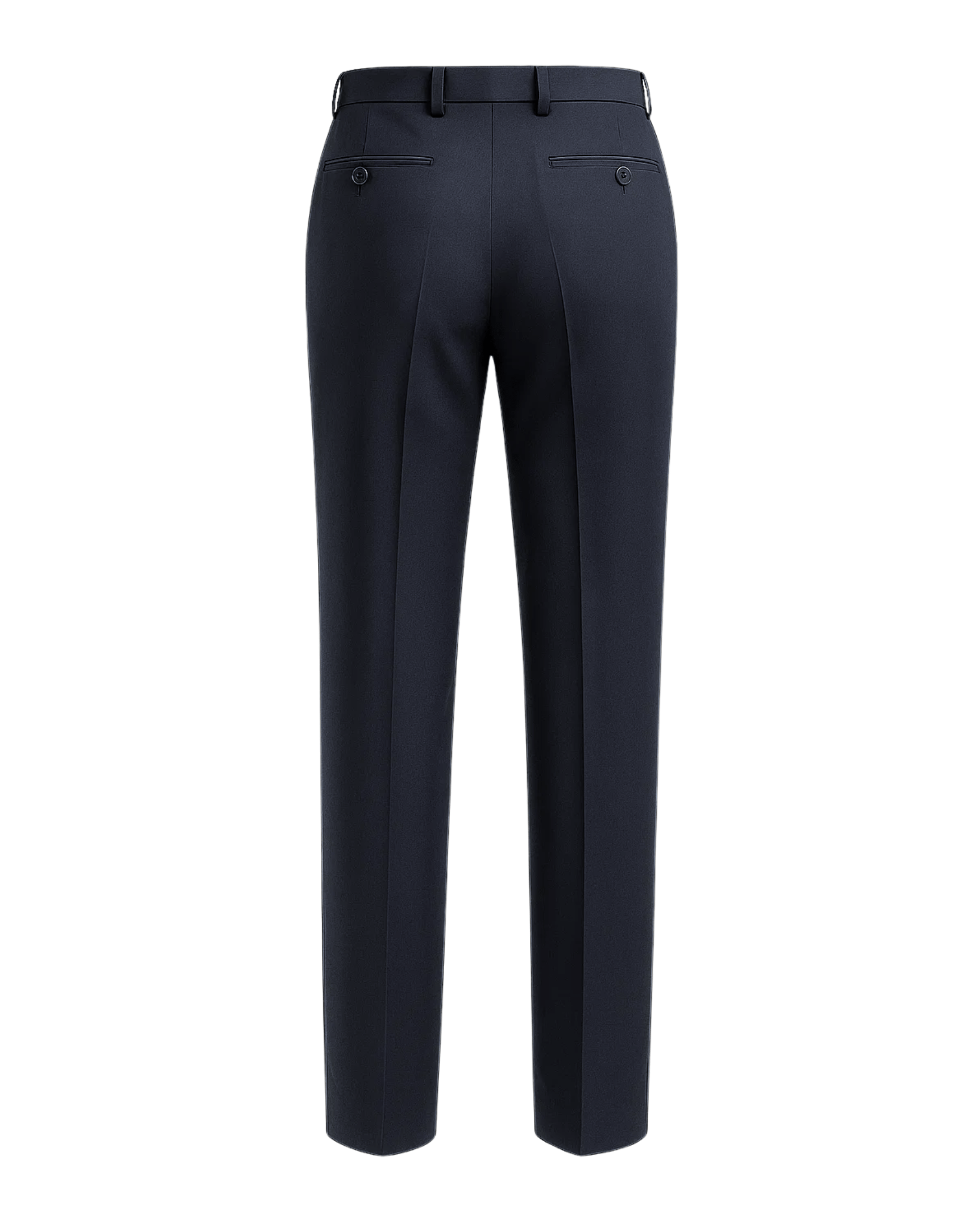 Tailory dark navy flat front wool dress trousers back view