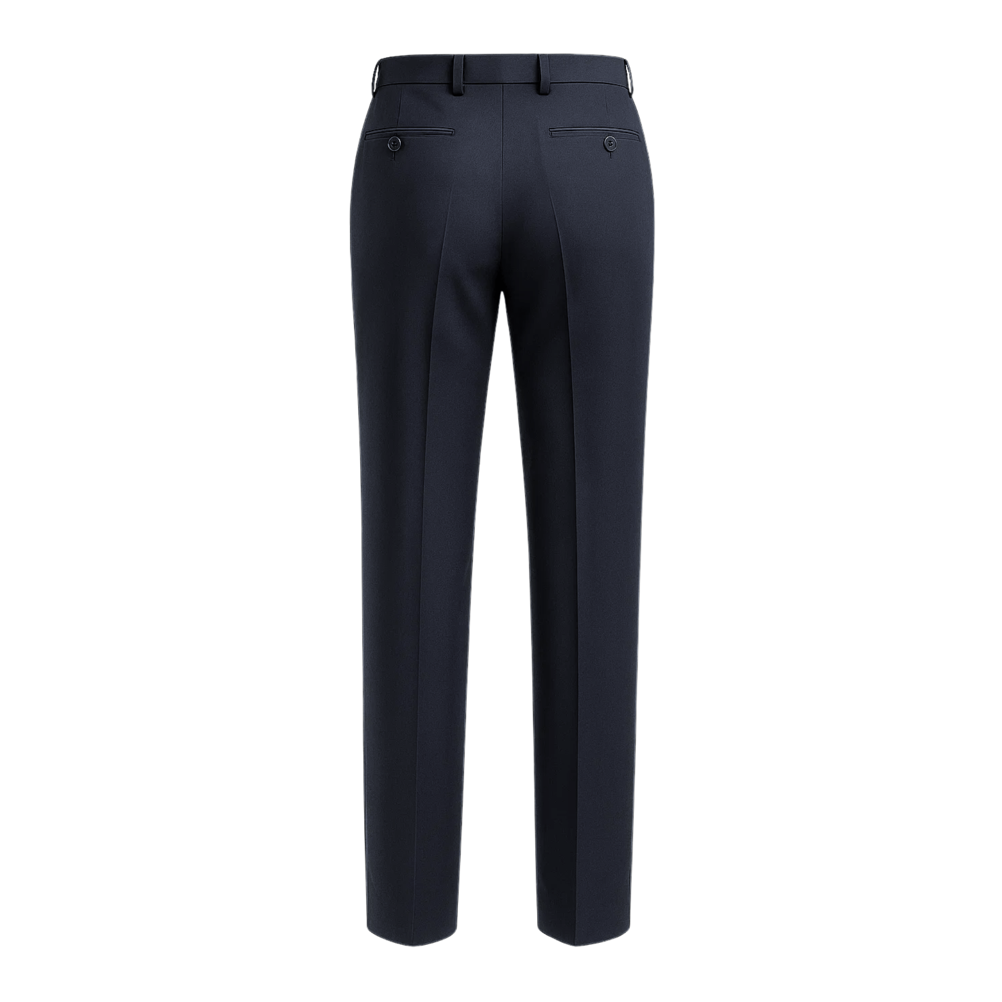 Tailory dark navy flat front wool dress trousers back view