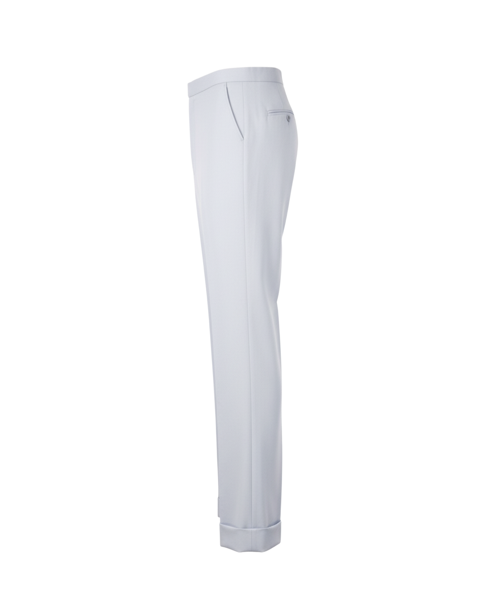 Tailory white fitted flared trousers side view showing front slit opening