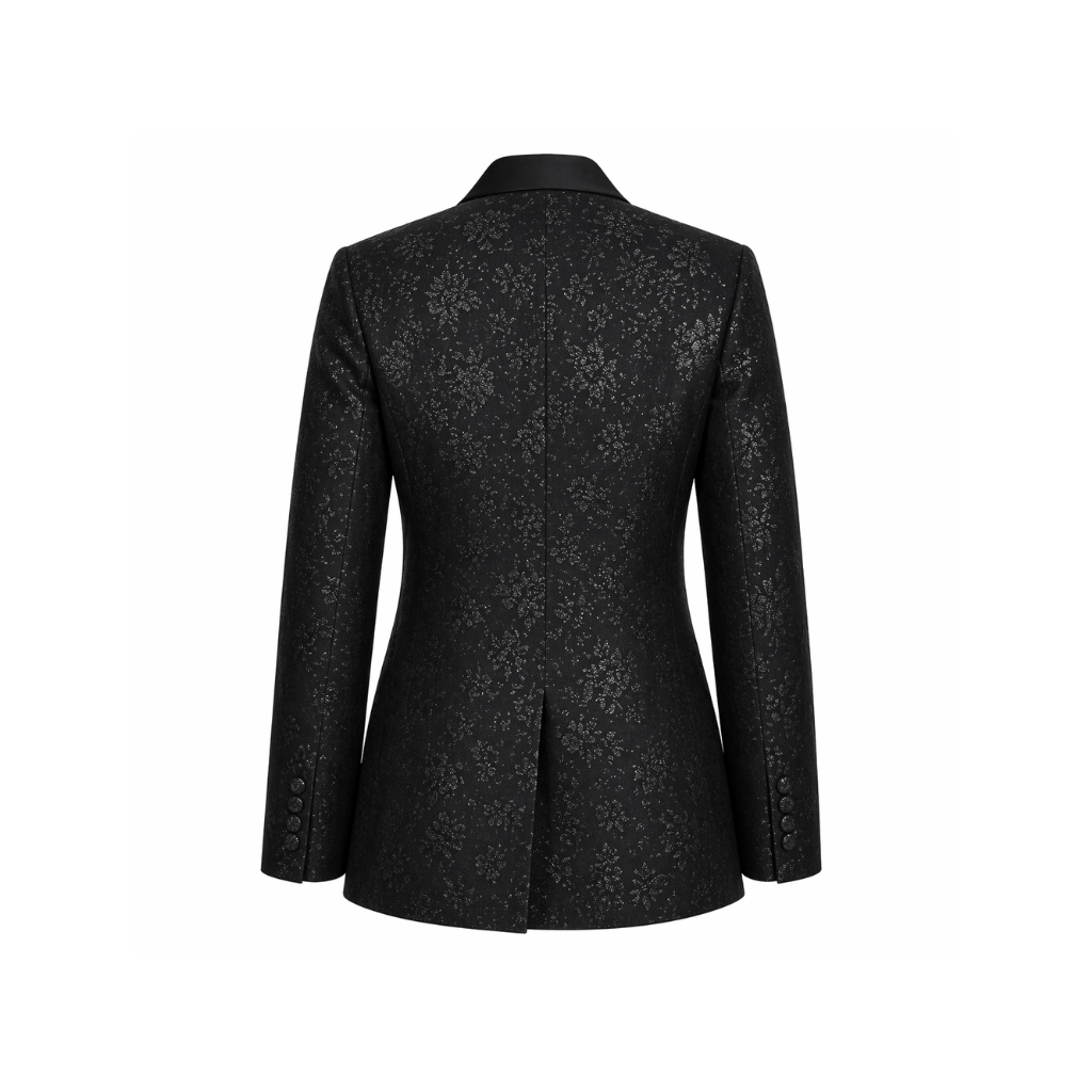 Tailory black floral jacquard tuxedo blazer back view
