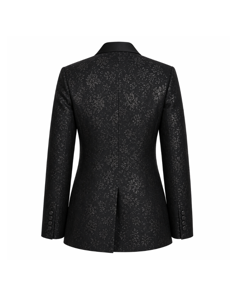 Tailory black floral jacquard tuxedo blazer back view