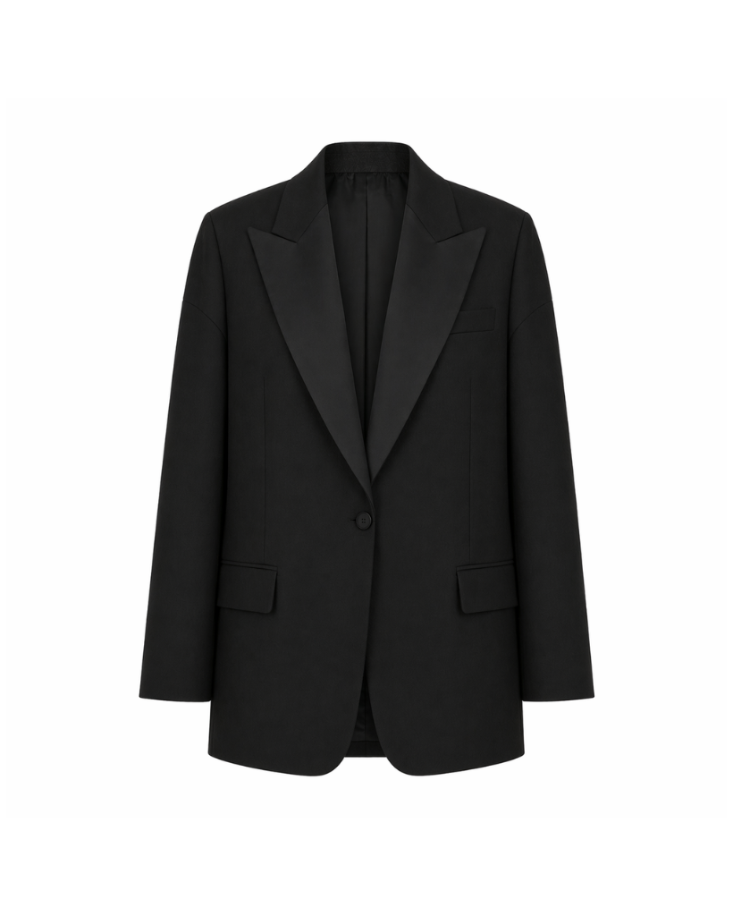 Tailory black tuxedo blazer satin peak lapel front view.