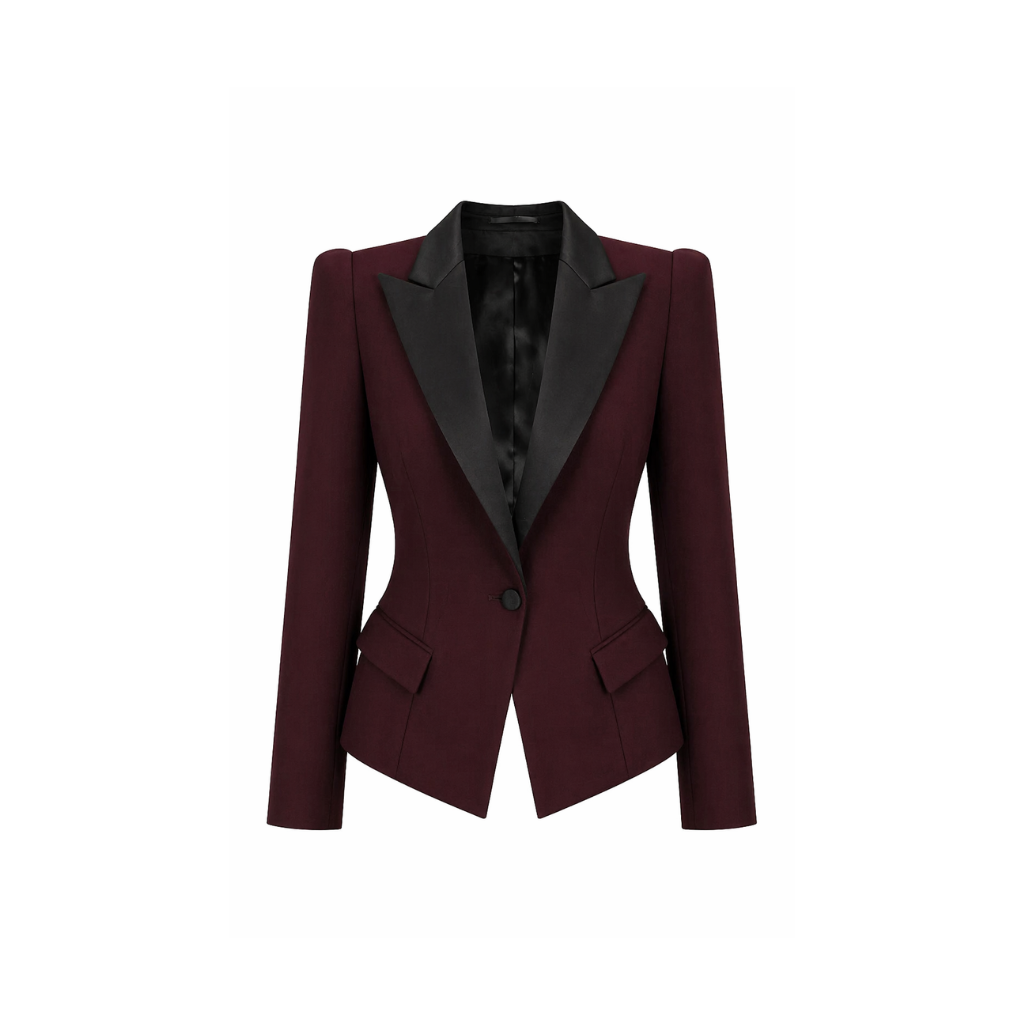Tailory burgundy tuxedo blazer satin peak lapel front view