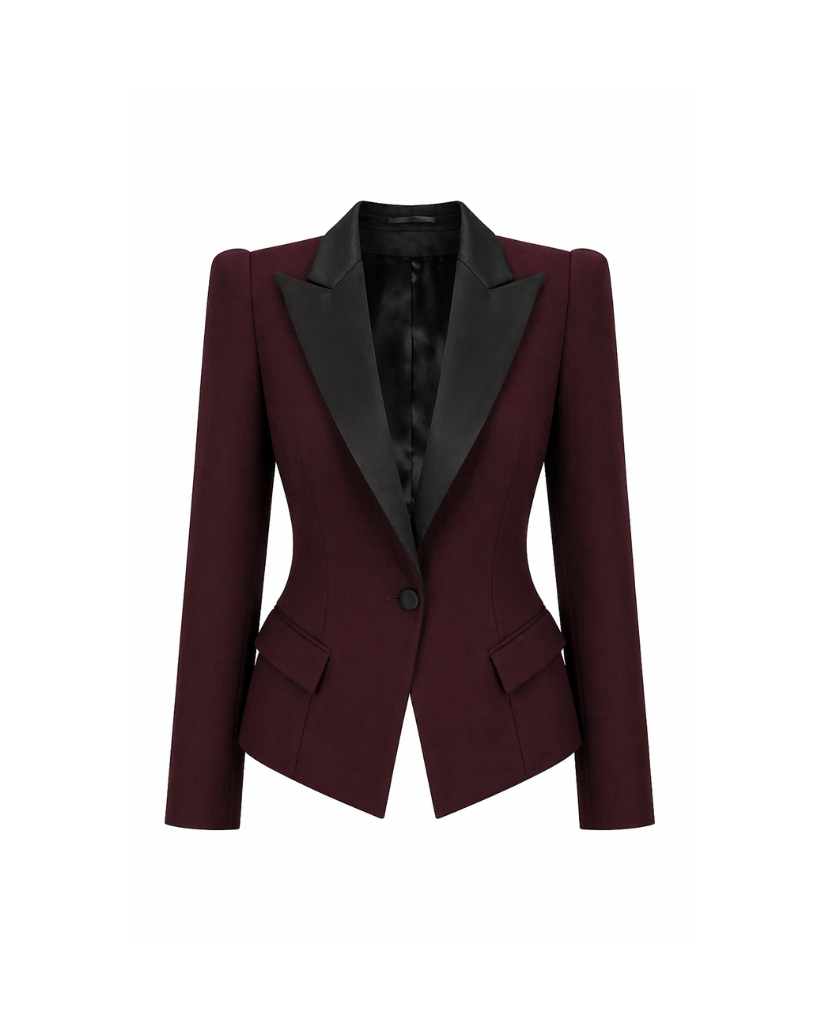 Tailory burgundy tuxedo blazer satin peak lapel front view
