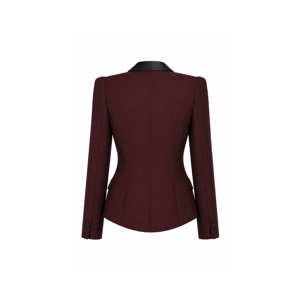 Tailory burgundy tuxedo blazer sculpted waist back view
