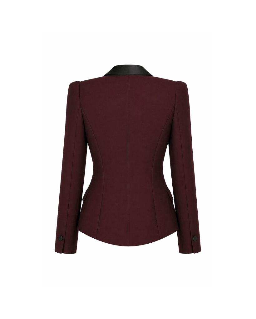 Tailory burgundy tuxedo blazer sculpted waist back view