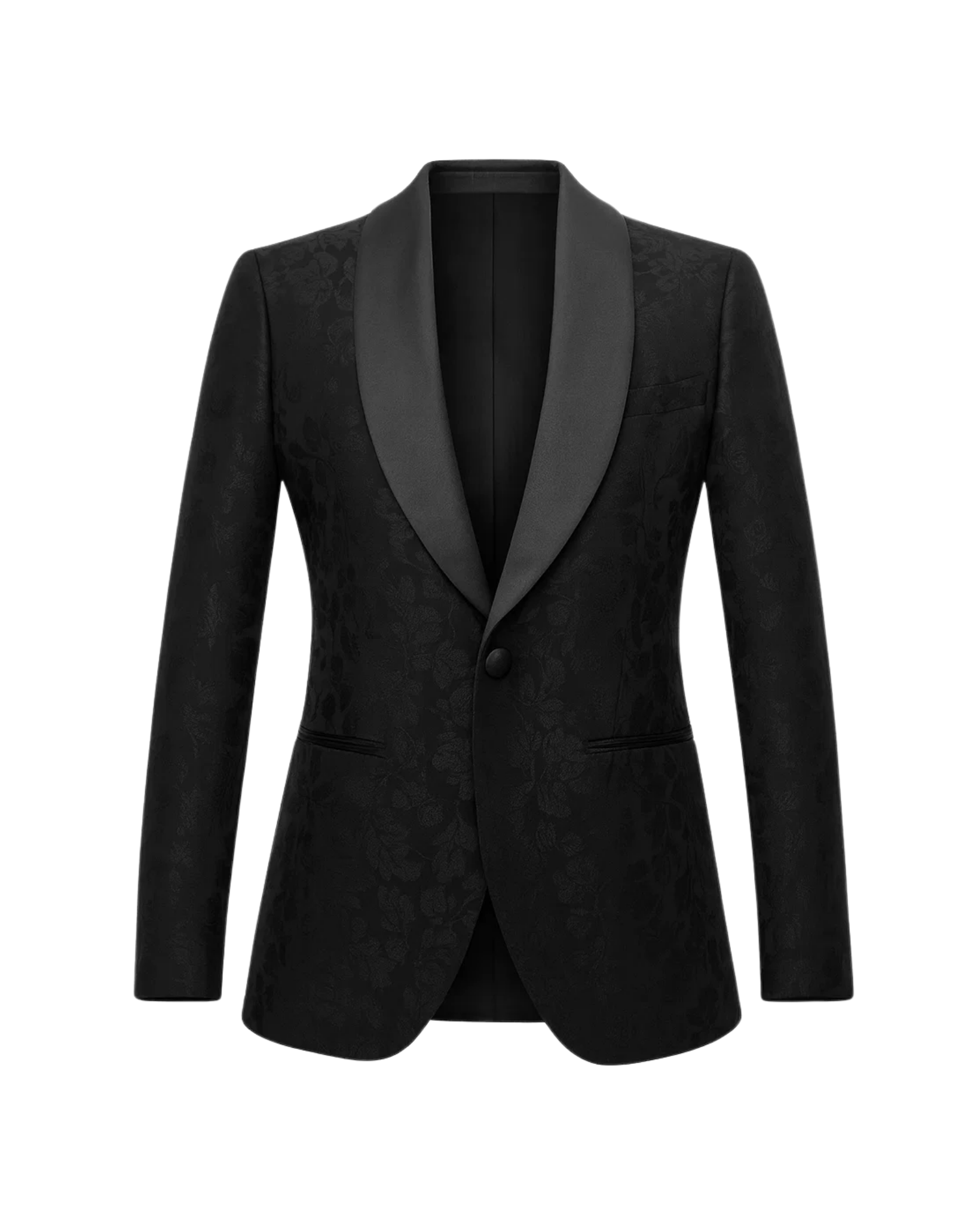 Tailory black satin shawl lapel tuxedo jacket front view
