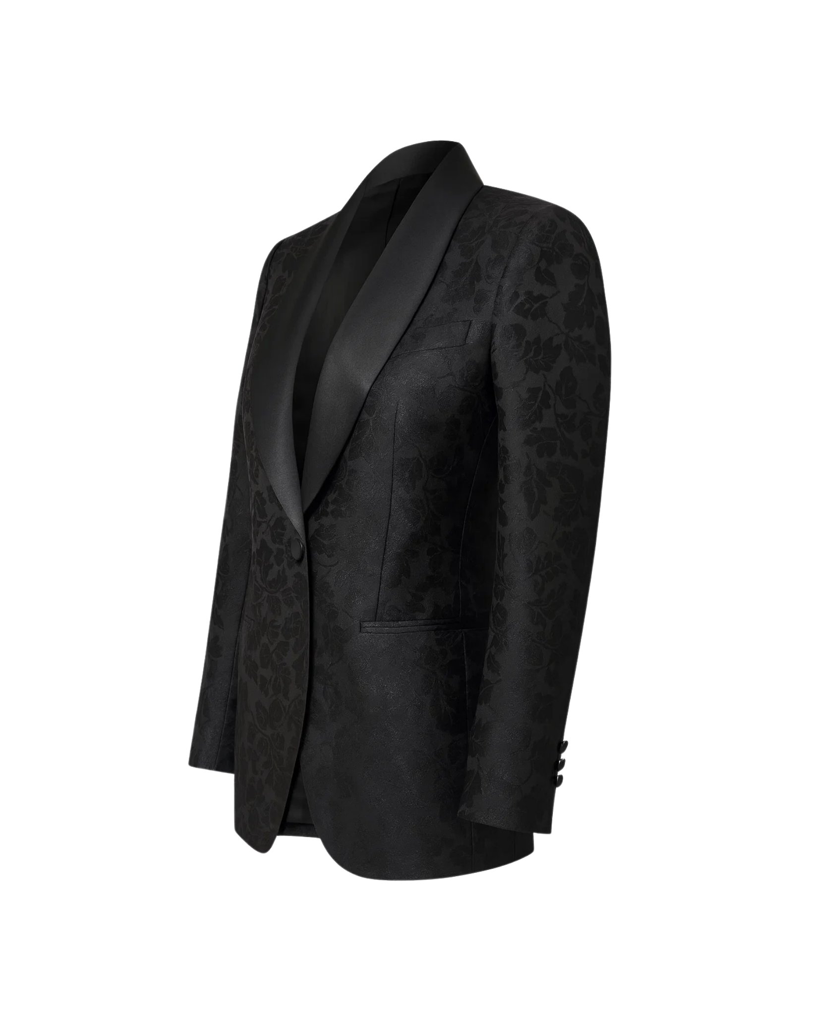 Tailory black satin shawl lapel tuxedo jacket side view
