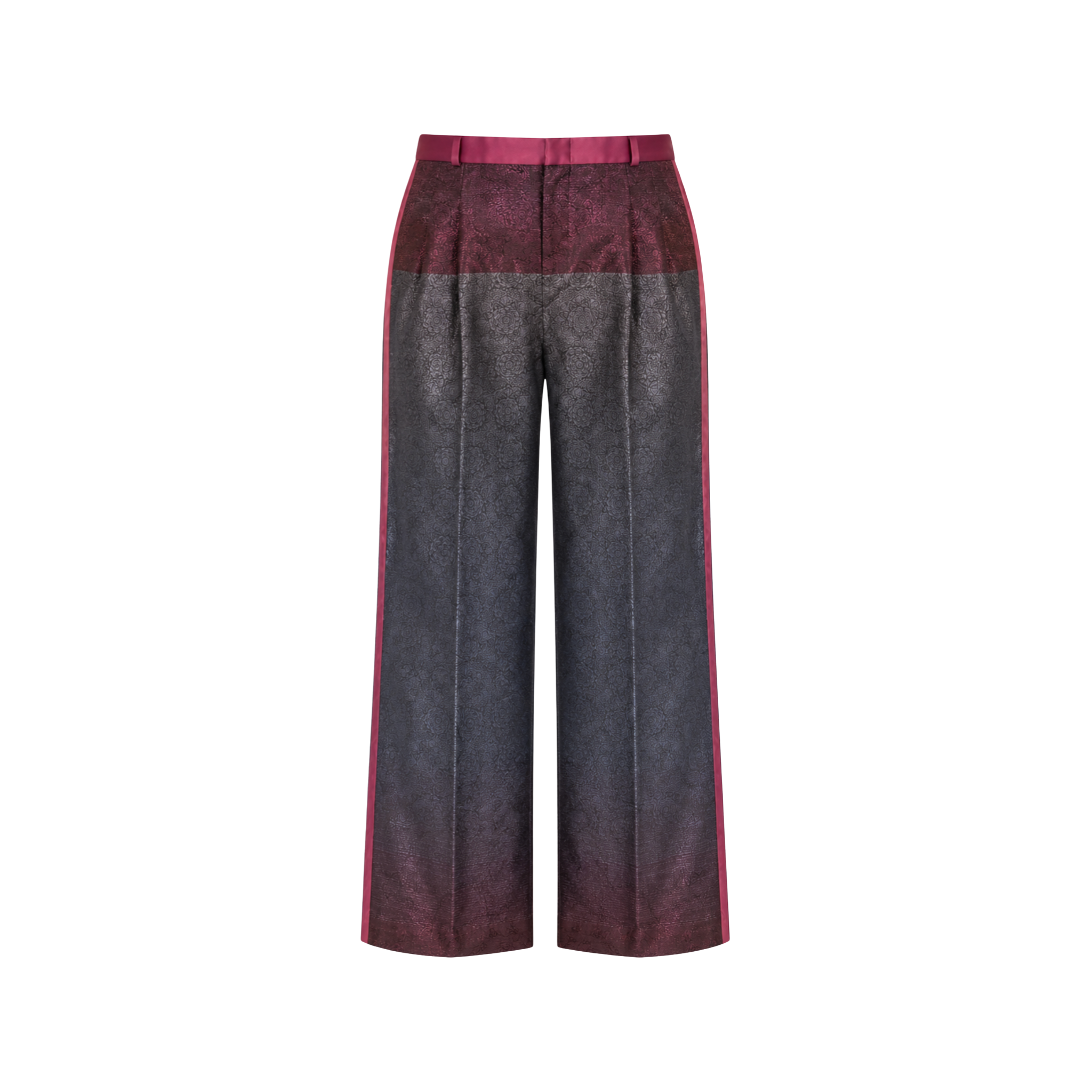 The Tailory New York burgundy charcoal jacquard tuxedo pants front view