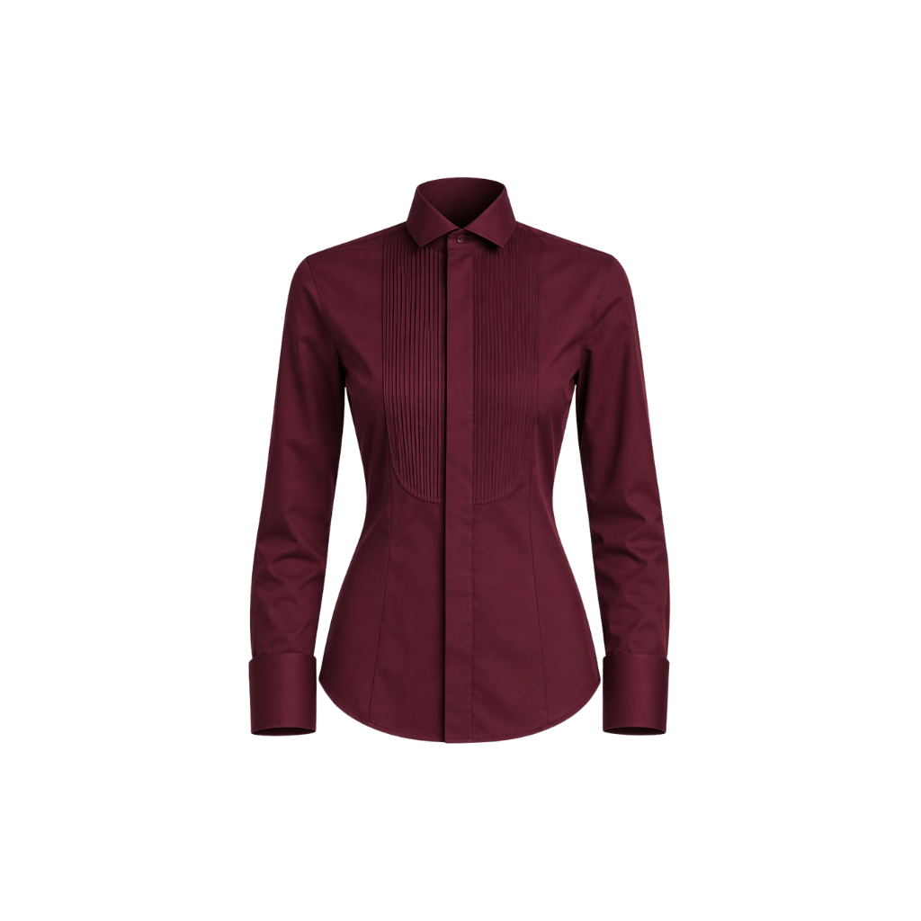 Tailory burgundy cotton tuxedo shirt pleated bib front view