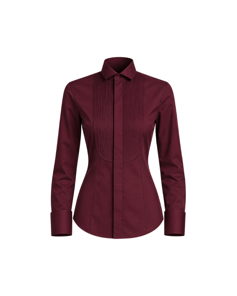 Tailory burgundy cotton tuxedo shirt pleated bib front view