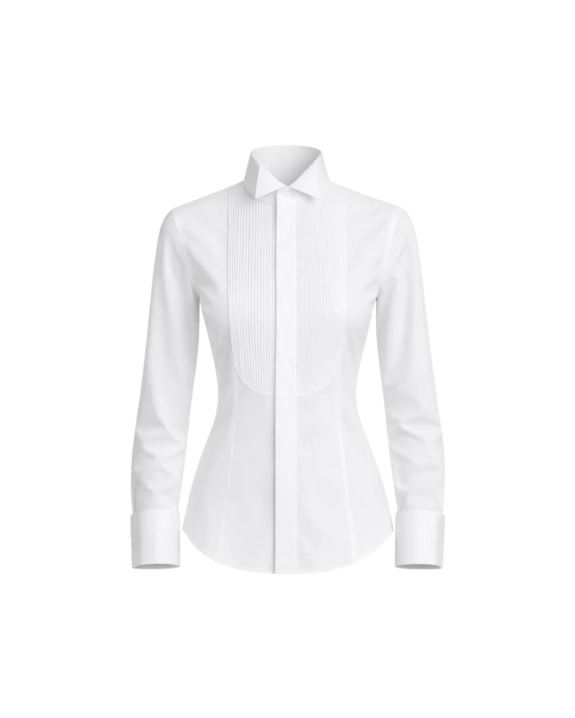 Tailory white cotton tuxedo shirt pleated bib front view