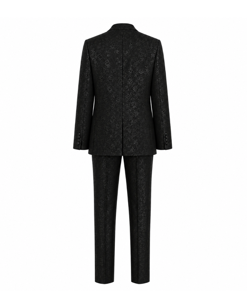 Tailory black floral jacquard three-piece tuxedo suit back view