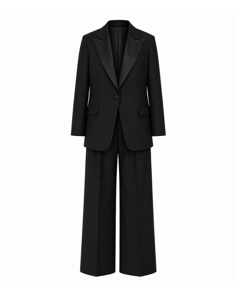 Tailory black tuxedo suit satin peak lapel front view