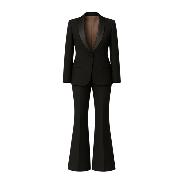 Tailory black formal tuxedo suit with satin shawl lapels front view