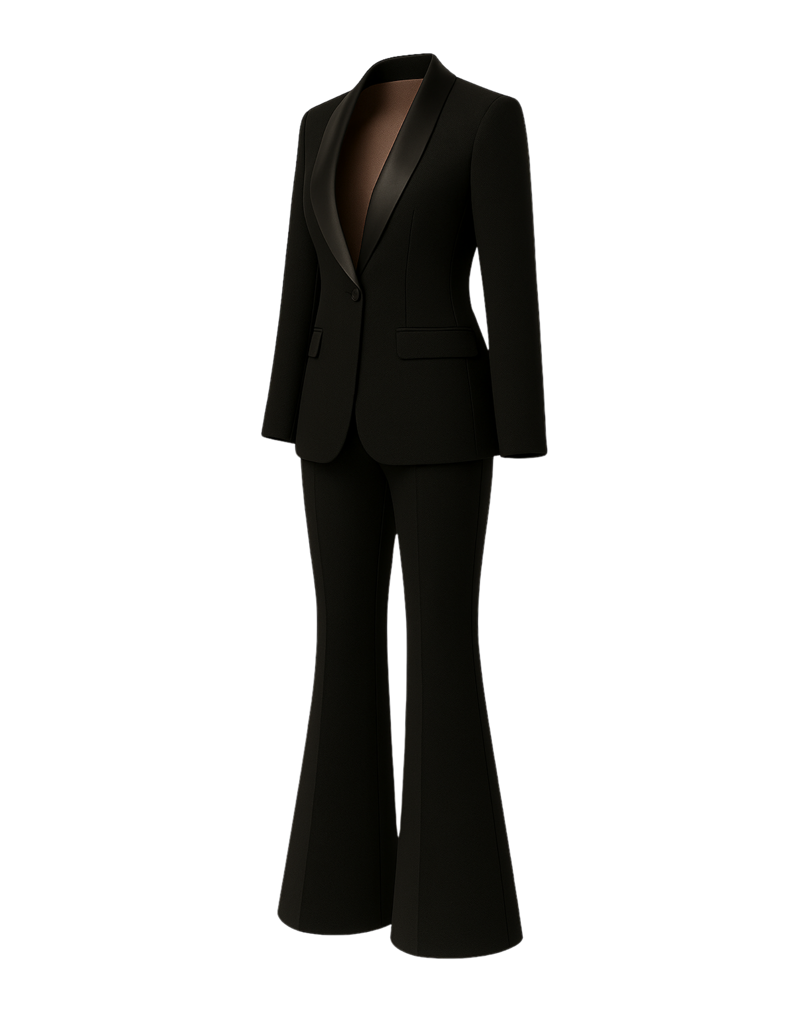 Tailory black formal tuxedo suit with satin shawl lapels side view