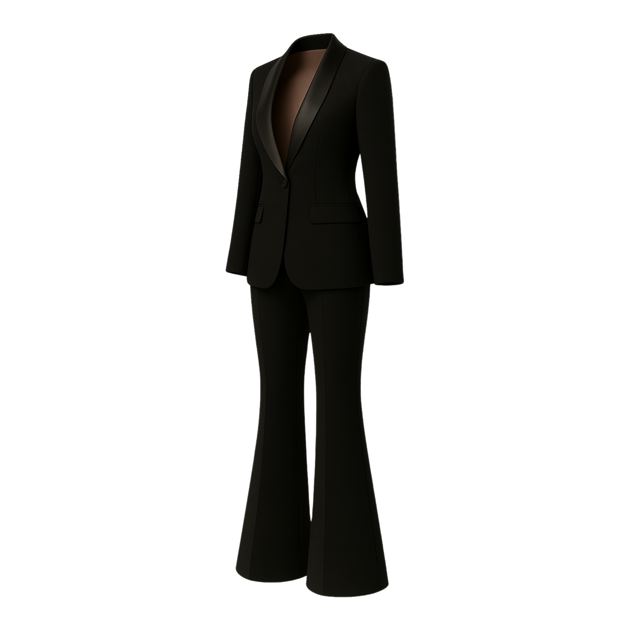 Tailory black formal tuxedo suit with satin shawl lapels side view